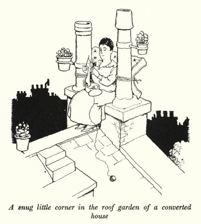 Een knus hoekje in de daktuin van een verbouwd huis door William Heath Robinson