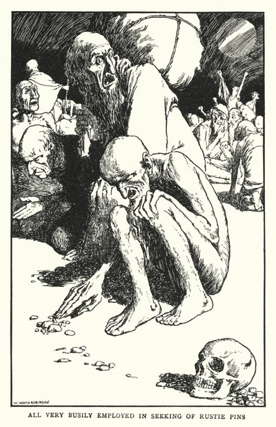 Allen zeer druk bezig met het zoeken naar roestige spelden (litho) door William Heath Robinson