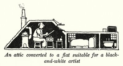Een zolder omgebouwd tot een flat geschikt voor een zwart-wit kunstenaar door William Heath Robinson