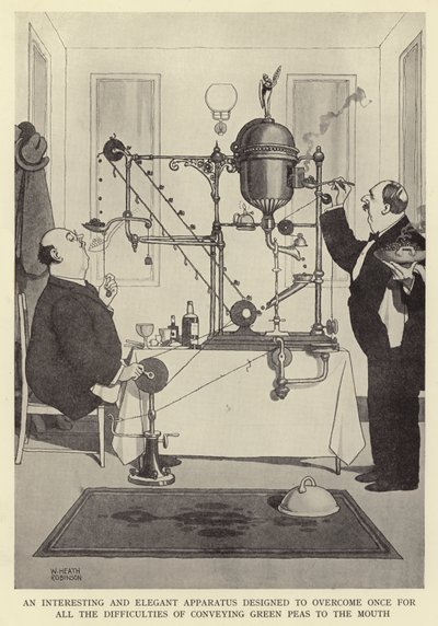 Een interessant en elegant apparaat ontworpen om voor eens en altijd de moeilijkheden van het naar de mond brengen van groene erwten te overwinnen door William Heath Robinson