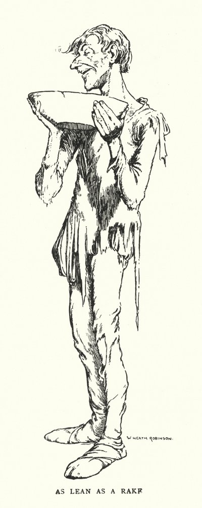 Zo mager als een hark (litho) door William Heath Robinson