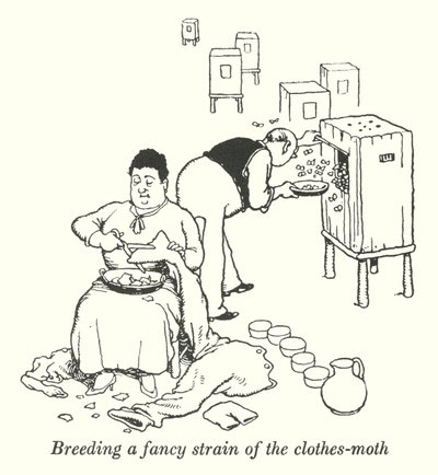 Het kweken van een bijzondere soort kleermot (litho) door William Heath Robinson