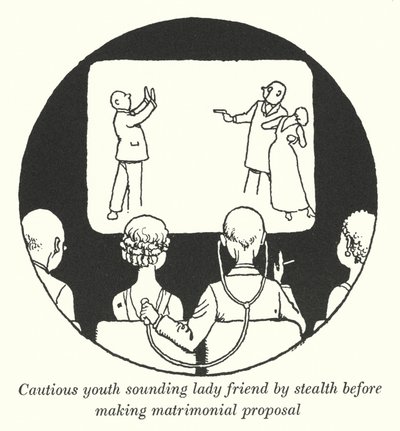 Voorzichtige jongeman die een vriendin heimelijk peilt voordat hij een huwelijksaanzoek doet (litho) door William Heath Robinson