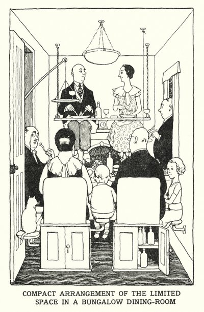 Compacte indeling van de beperkte ruimte in een bungalow-eetkamer door William Heath Robinson