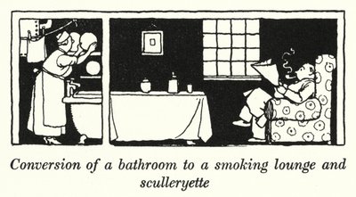 Omzetting van een badkamer naar een rooklounge en keukentje door William Heath Robinson