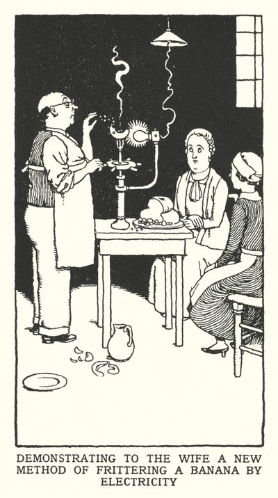 Demonstreren aan de vrouw een nieuwe methode om een banaan te frituren met elektriciteit door William Heath Robinson