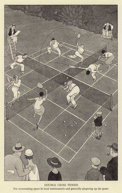Dubbel kruis tennis, voor ruimtebesparing in lokale toernooien en het oppeppen van het spel door William Heath Robinson