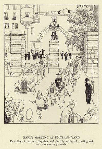 Vroege ochtend bij Scotland Yard, detectives in verschillende vermommingen en de Flying Squad die aan hun ochtendrondes beginnen door William Heath Robinson