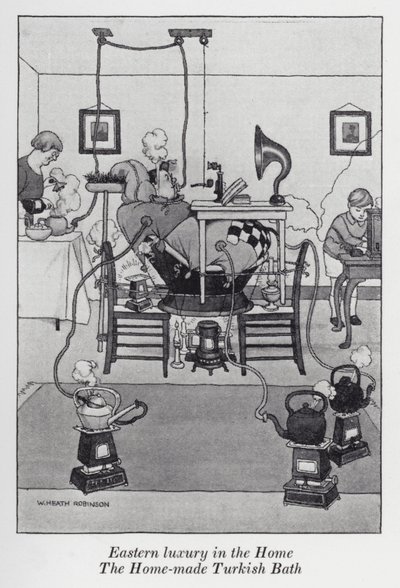 Oosterse luxe in huis, het zelfgemaakte Turkse bad (litho) door William Heath Robinson
