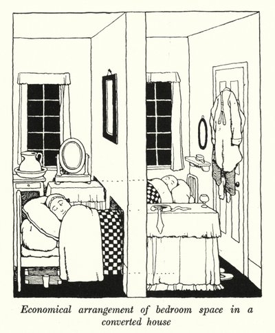 Economische Indeling van Slaapkamer Ruimte in een Omgebouwd Huis (litho) door William Heath Robinson