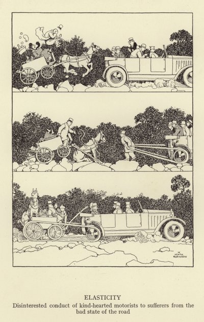 Elasticiteit, onbaatzuchtig gedrag van goedhartige automobilisten voor slachtoffers van de slechte staat van de weg door William Heath Robinson