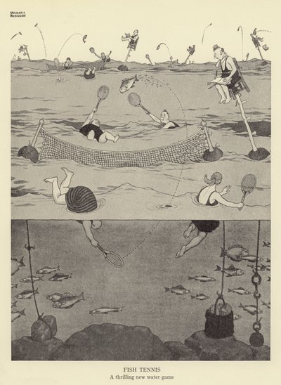 Vis Tennis, een spannend nieuw waterspel door William Heath Robinson