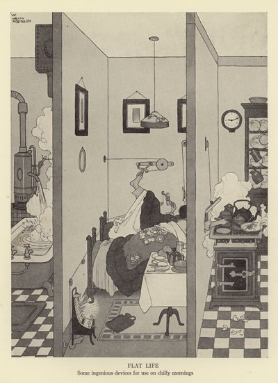 Flatleven, enkele ingenieuze apparaten voor gebruik op koude ochtenden door William Heath Robinson