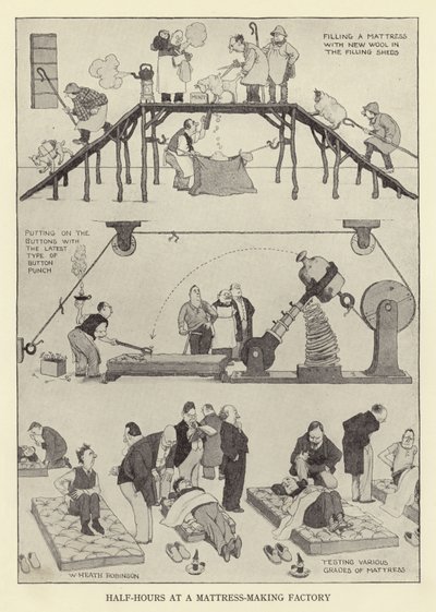 Halfuurtjes in een matrassenfabriek door William Heath Robinson