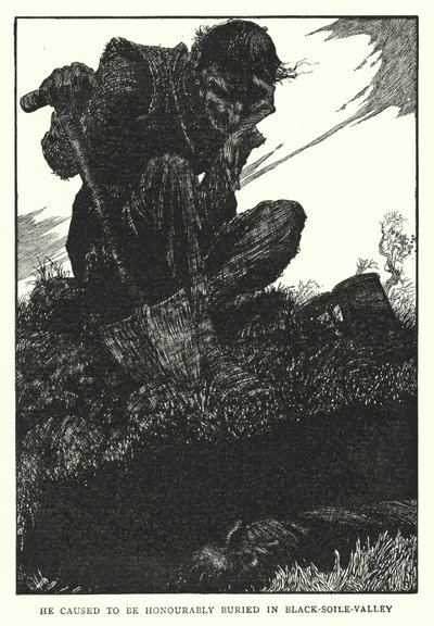 Hij liet eervol begraven in Zwart-aarde-vallei (litho) door William Heath Robinson