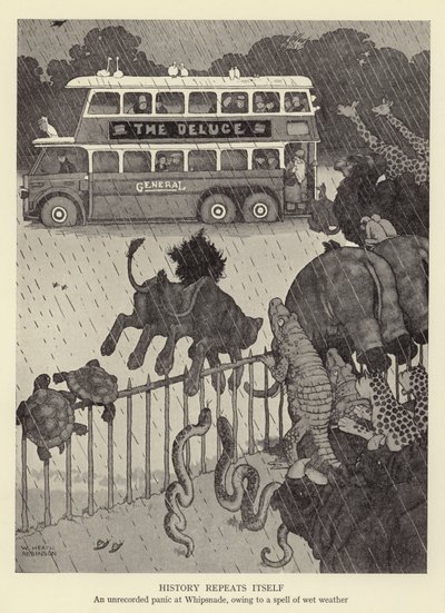 Geschiedenis herhaalt zich, een ongeregistreerde paniek in Whipsnade, vanwege een periode van nat weer door William Heath Robinson