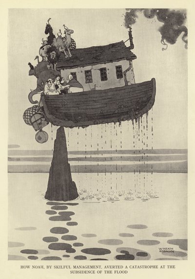 Hoe Noach door vaardig beheer een ramp voorkwam bij het zakken van de vloed door William Heath Robinson
