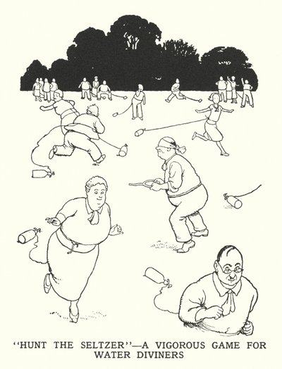 "Hunt the Seltzer", een energiek spel voor waterzoekers (litho) door William Heath Robinson