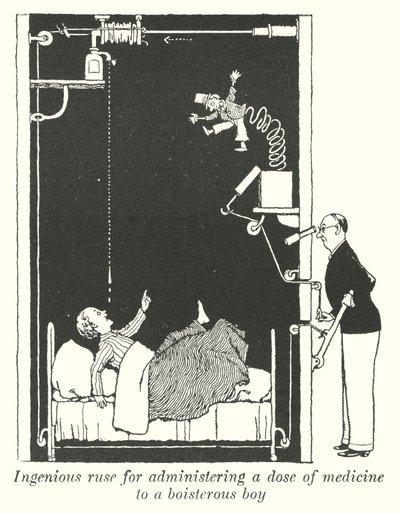 Vindingrijke list om een dosis medicijn toe te dienen aan een uitbundige jongen (litho) door William Heath Robinson