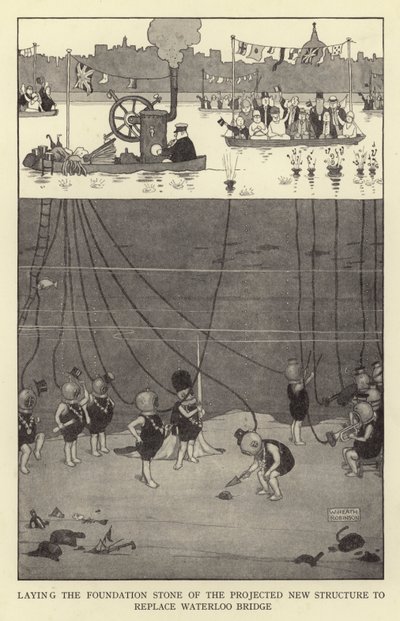 Het leggen van de eerste steen van de geplande nieuwe structuur ter vervanging van de Waterloo Bridge door William Heath Robinson