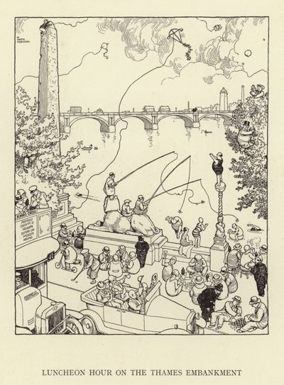 Lunchpauze op de Thames Embankment door William Heath Robinson