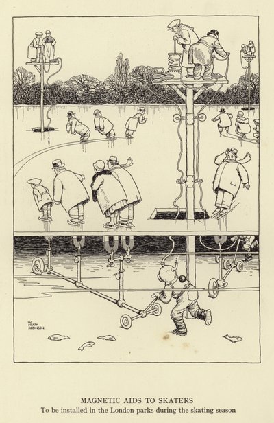 Magnetische hulpmiddelen voor schaatsers, te installeren in de Londense parken tijdens het schaatsseizoen door William Heath Robinson
