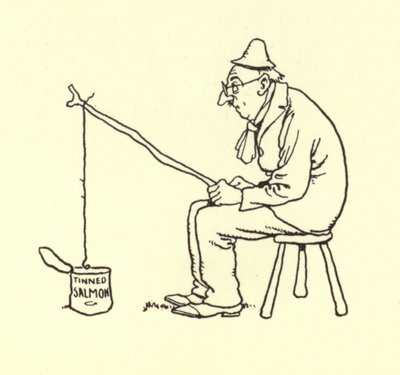 Man die vist op ingeblikte zalm door William Heath Robinson