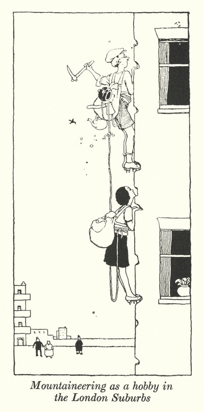 Bergbeklimmen als hobby in de Londense buitenwijken (litho) door William Heath Robinson