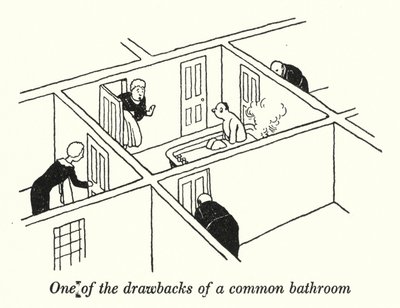 Een van de nadelen van een gemeenschappelijke badkamer door William Heath Robinson