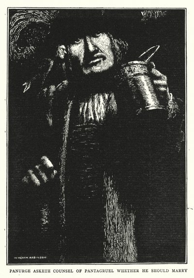 Panurge vraagt advies aan Pantagruel of hij moet trouwen door William Heath Robinson