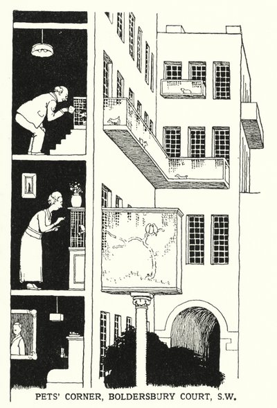 Huisdierenhoek, Boldersbury Court, SW door William Heath Robinson