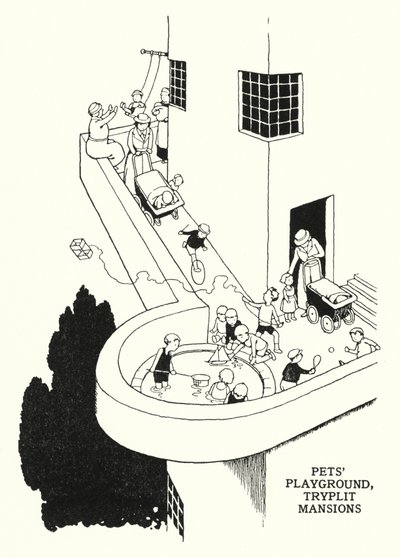 Speelplaats voor Huisdieren, Tryplit Mansions (litho) door William Heath Robinson