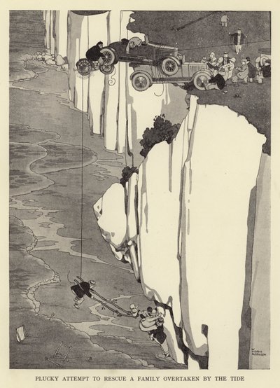 Dappere poging om een gezin te redden dat door het tij werd ingehaald door William Heath Robinson