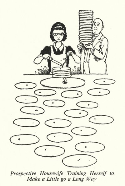 Aanstaande Huisvrouw Traint Zichzelf om met Weinig Rond te Komen (litho) door William Heath Robinson