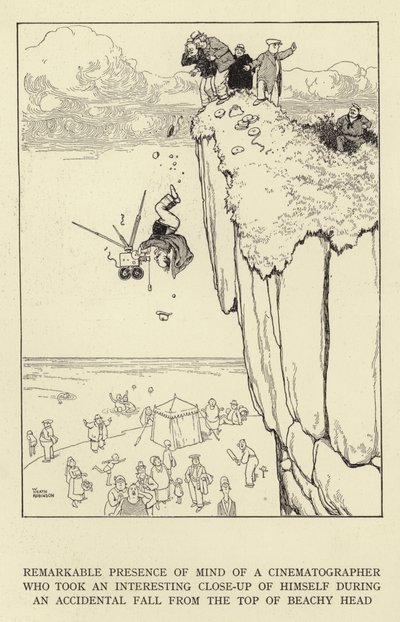 Opmerkelijke tegenwoordigheid van geest van een cinematograaf die een interessante close-up van zichzelf maakte tijdens een toevallige val van de top van Beachy Head door William Heath Robinson