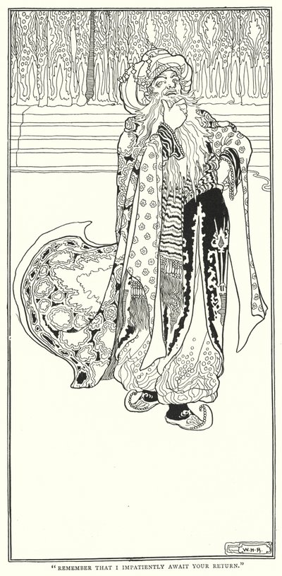 "Onthoud dat ik ongeduldig op je terugkeer wacht" (gravure) door William Heath Robinson