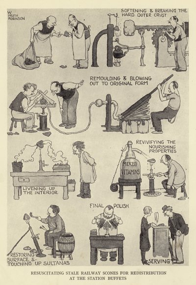 Oude spoorwegscones nieuw leven inblazen voor herverdeling bij de stationsbuffetten door William Heath Robinson