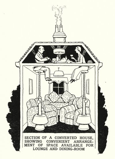 Doorsnede van een verbouwd huis, met handige indeling van de beschikbare ruimte voor lounge en eetkamer door William Heath Robinson
