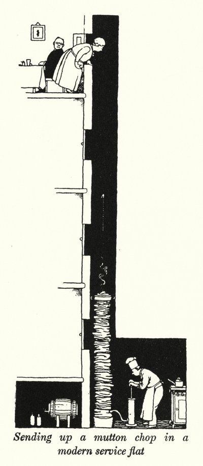 Een Lamskotelet Verzenden in een Modern Serviceflat (litho) door William Heath Robinson