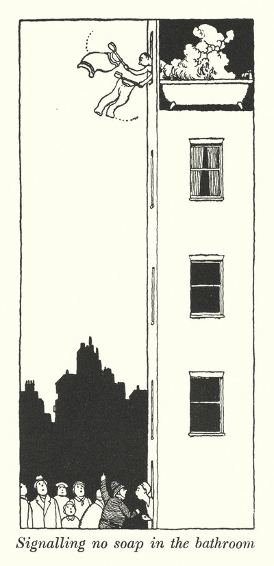 Signaal voor geen zeep in de badkamer (litho) door William Heath Robinson