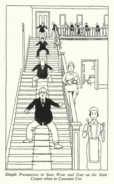 Eenvoudige Voorzorgsmaatregelen om Slijtage aan het Trapkleed te Voorkomen bij Constant Gebruik (litho) door William Heath Robinson