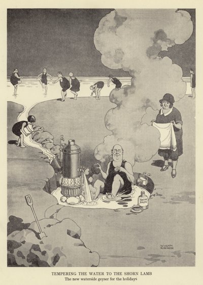 Het water temperen voor het geschoren lam, de nieuwe geiser aan de waterkant voor de vakantie door William Heath Robinson