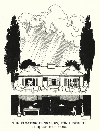 De drijvende bungalow, voor gebieden die onderhevig zijn aan overstromingen door William Heath Robinson