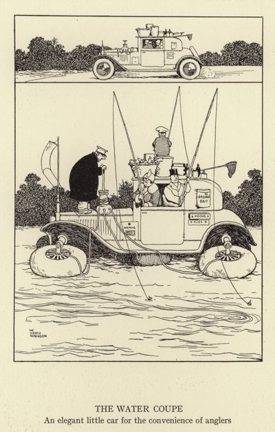 De Water Coupe, een elegant klein autootje voor het gemak van vissers door William Heath Robinson