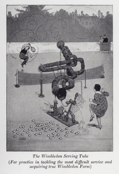 De Wimbledon serveerbuis, voor oefening in het aanpakken van de moeilijkste service en het verkrijgen van echte Wimbledon-vorm door William Heath Robinson