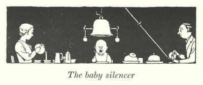 De baby-stilhouder (litho) door William Heath Robinson