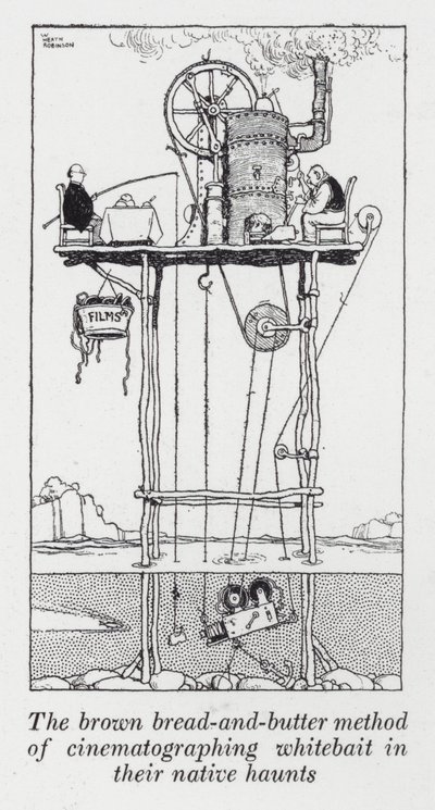De bruine brood-en-boter methode van het filmen van spiering in hun natuurlijke habitat door William Heath Robinson