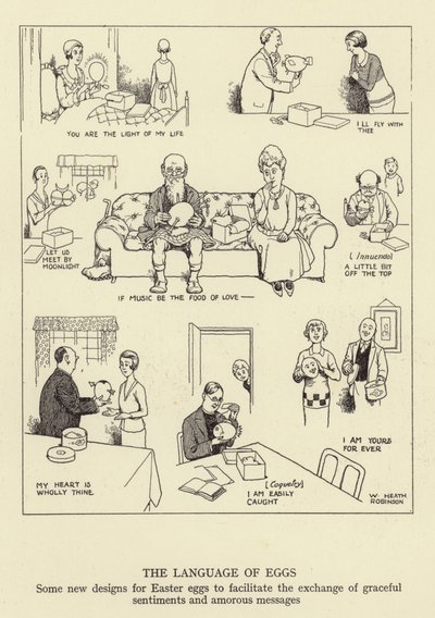 De taal van eieren, enkele nieuwe ontwerpen voor paaseieren om de uitwisseling van sierlijke gevoelens en amoureuze berichten te vergemakkelijken door William Heath Robinson