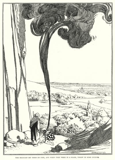 De magiër stak ze in brand, en toen ze in vlammen stonden, gooide hij er wat wierook in (gravure) door William Heath Robinson