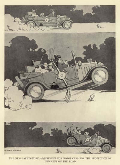 De nieuwe veiligheidsvorkaanpassing voor motorvoertuigen ter bescherming van kippen op de weg door William Heath Robinson